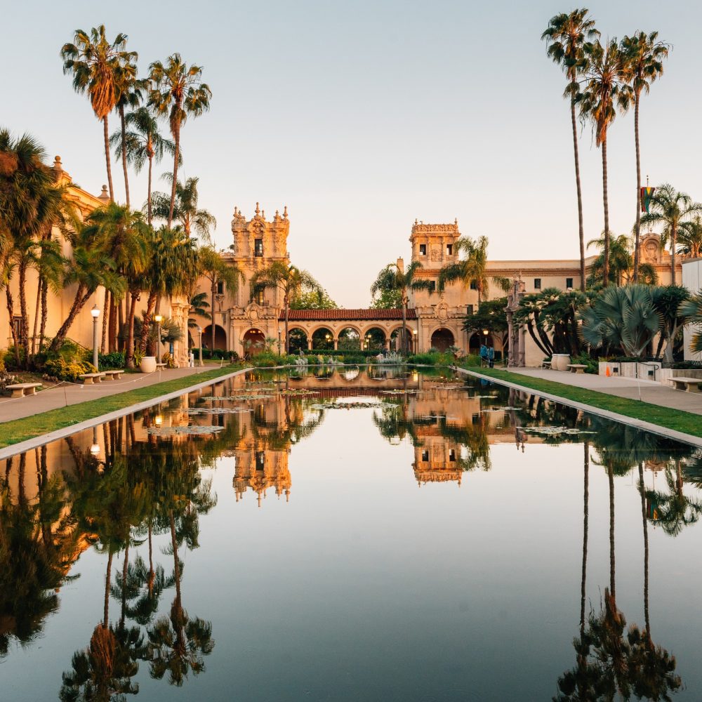 Reflections in the Lily Pond and historic architecture at Balboa Park, in San Diego, California